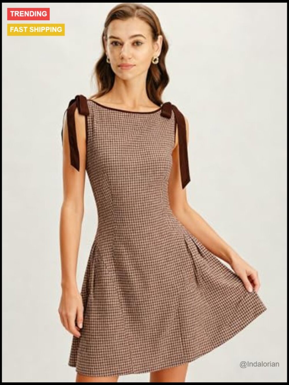 Women's Plaid Boat Neck A-Line Midi Dress - Vintage Fit & Flare Dress - Picture 6 of 7
